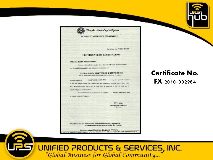 Certificate No. FX-2010 -002984 