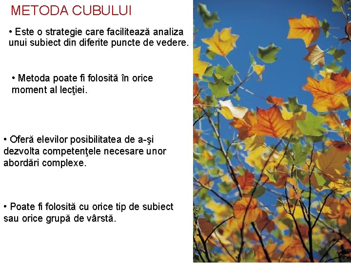 METODA CUBULUI • Este o strategie care facilitează analiza unui subiect din diferite puncte