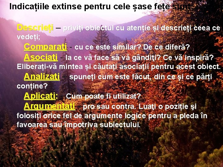 Indicațiile extinse pentru cele șase fețe sunt: Descrieți – priviți obiectul cu atenție și