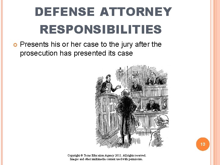 DEFENSE ATTORNEY RESPONSIBILITIES Presents his or her case to the jury after the prosecution DEFENSE ATTORNEY RESPONSIBILITIES Presents his or her case to the jury after the prosecution