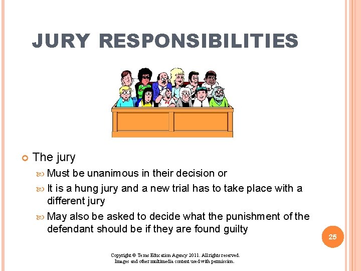 JURY RESPONSIBILITIES The jury Must be unanimous in their decision or It is a JURY RESPONSIBILITIES The jury Must be unanimous in their decision or It is a