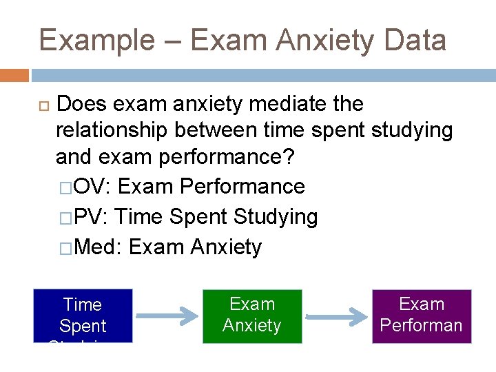 Example – Exam Anxiety Data Does exam anxiety mediate the relationship between time spent
