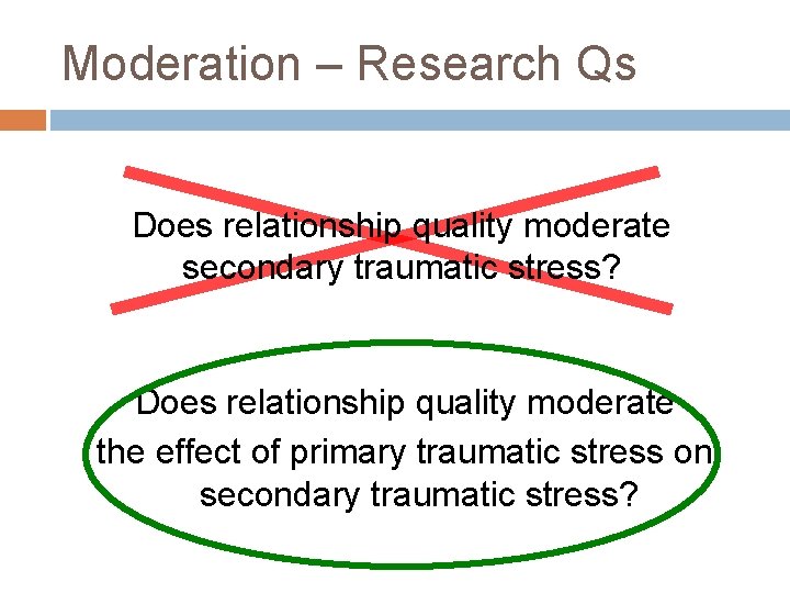 Moderation – Research Qs Does relationship quality moderate secondary traumatic stress? Does relationship quality