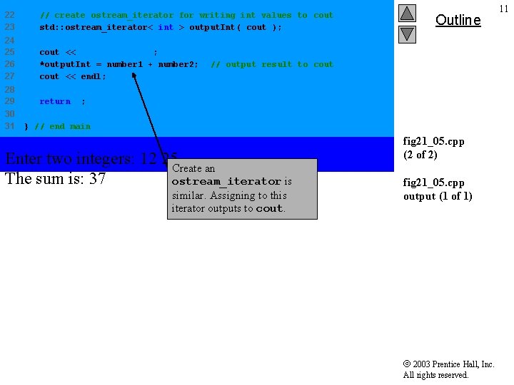 22 23 // create ostream_iterator for writing int values to cout std: : ostream_iterator<