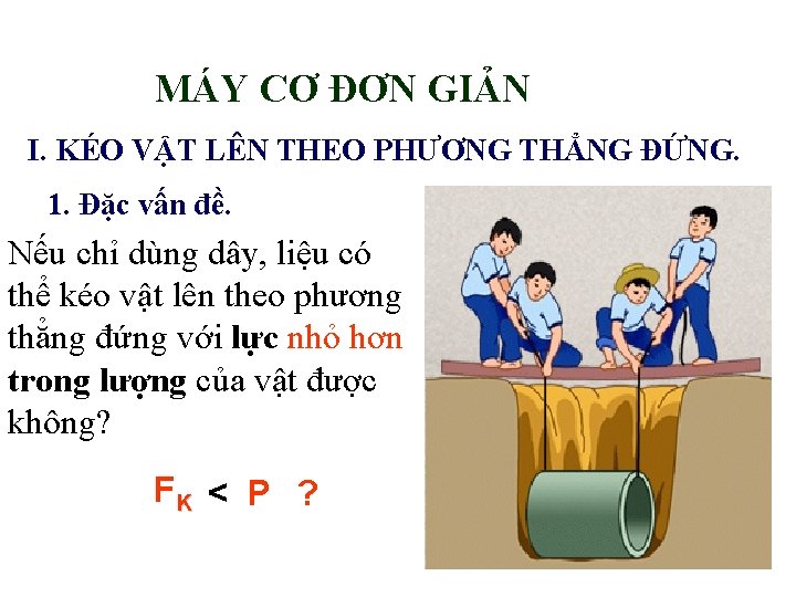 MÁY CƠ ĐƠN GIẢN I. KÉO VẬT LÊN THEO PHƯƠNG THẲNG ĐỨNG. 1. Đặc