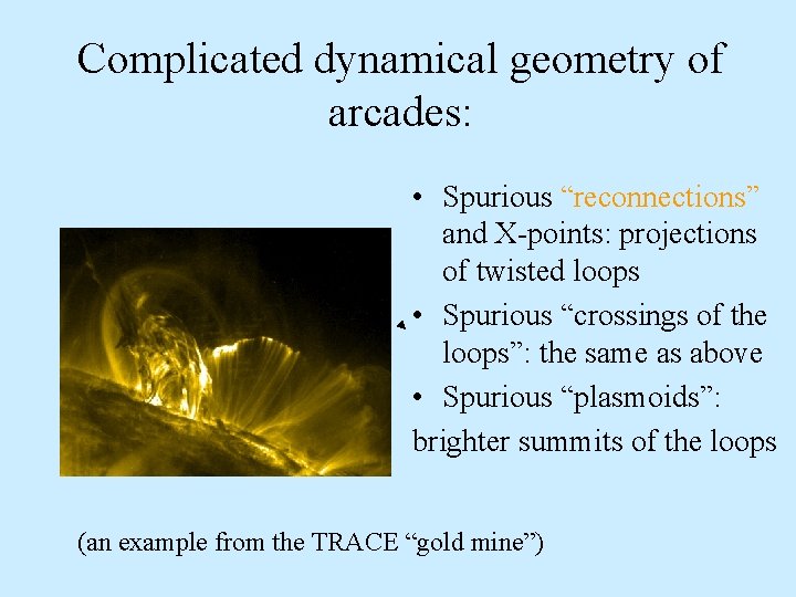Complicated dynamical geometry of arcades: • Spurious “reconnections” and X-points: projections of twisted loops