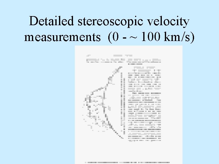 Detailed stereoscopic velocity measurements (0 - ~ 100 km/s) 