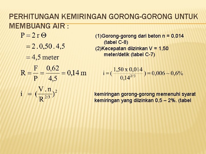 PERHITUNGAN KEMIRINGAN GORONG-GORONG UNTUK MEMBUANG AIR : (1)Gorong-gorong dari beton n = 0, 014