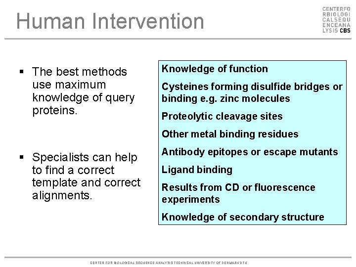 Human Intervention § The best methods use maximum knowledge of query proteins. Knowledge of