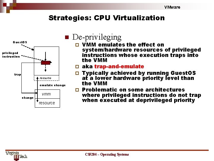 VMware Strategies: CPU Virtualization n Guest. OS VMM emulates the effect on system/hardware resources VMware Strategies: CPU Virtualization n Guest. OS VMM emulates the effect on system/hardware resources