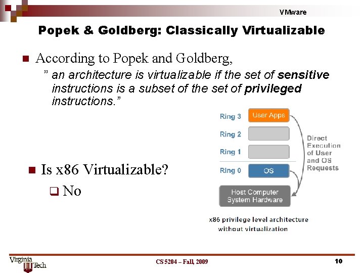 VMware Popek & Goldberg: Classically Virtualizable n According to Popek and Goldberg, ” an VMware Popek & Goldberg: Classically Virtualizable n According to Popek and Goldberg, ” an