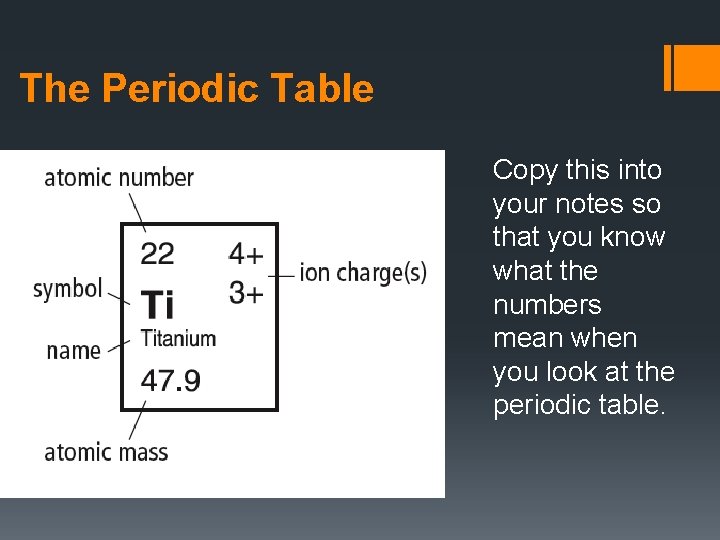 The Periodic Table Copy this into your notes so that you know what the