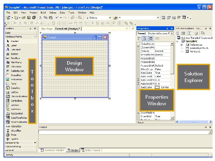 T o o l b o x Design Window Solution Explorer Properties Window T o o l b o x Design Window Solution Explorer Properties Window