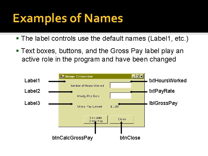 Examples of Names The label controls use the default names (Label 1, etc. ) Examples of Names The label controls use the default names (Label 1, etc. )