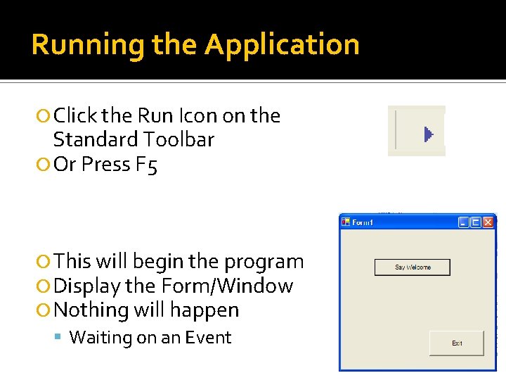 Running the Application Click the Run Icon on the Standard Toolbar Or Press F Running the Application Click the Run Icon on the Standard Toolbar Or Press F