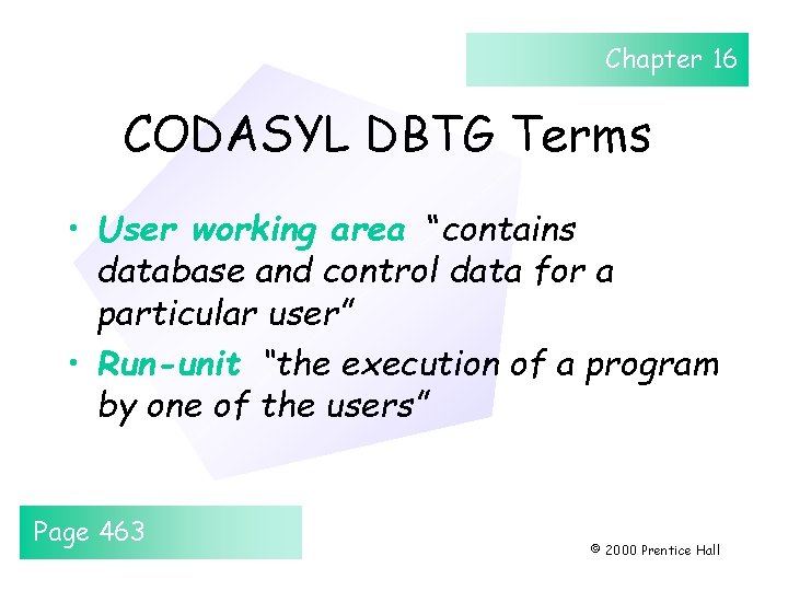 Chapter 16 CODASYL DBTG Terms • User working area “contains database and control data