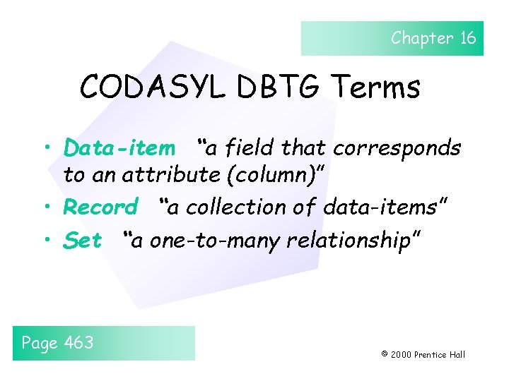Chapter 16 CODASYL DBTG Terms • Data-item “a field that corresponds to an attribute