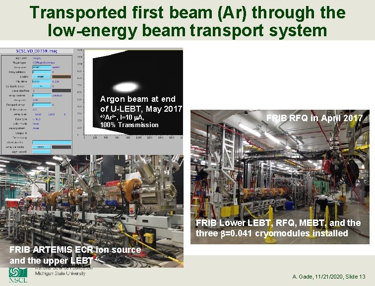 Transported first beam (Ar) through the low-energy beam transport system Argon beam at end