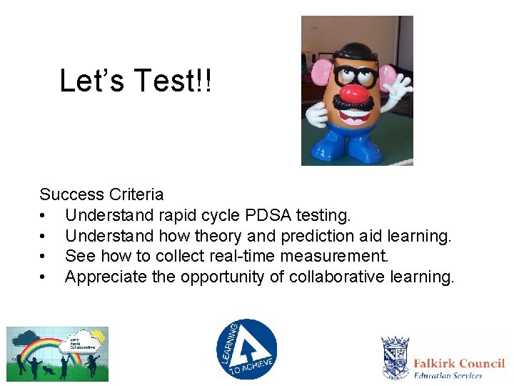 Let’s Test!! Success Criteria • Understand rapid cycle PDSA testing. • Understand how theory