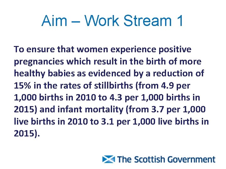 Aim – Work Stream 1 To ensure that women experience positive pregnancies which result