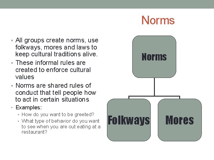 Norms • All groups create norms, use folkways, mores and laws to keep cultural