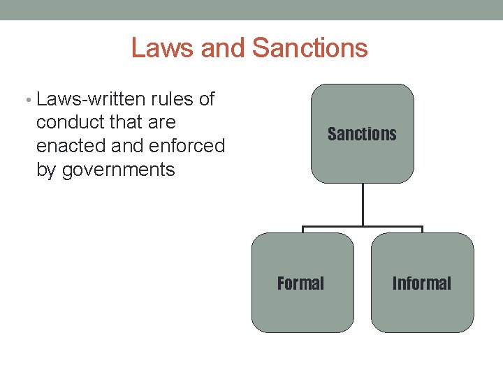 Laws and Sanctions • Laws-written rules of conduct that are enacted and enforced by