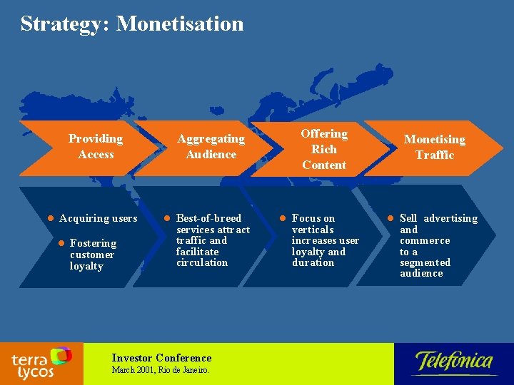 Strategy: Monetisation Providing Access l Acquiring users l Fostering customer loyalty Offering Rich Content