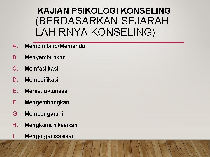 KAJIAN PSIKOLOGI KONSELING (BERDASARKAN SEJARAH LAHIRNYA KONSELING) A. Membimbing/Memandu B. Menyembuhkan C. Memfasilitasi D. KAJIAN PSIKOLOGI KONSELING (BERDASARKAN SEJARAH LAHIRNYA KONSELING) A. Membimbing/Memandu B. Menyembuhkan C. Memfasilitasi D.