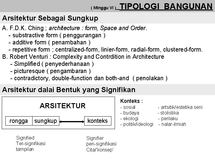 ( Minggu VI ) TIPOLOGI BANGUNAN Arsitektur Sebagai Sungkup A. F. D. K. Ching