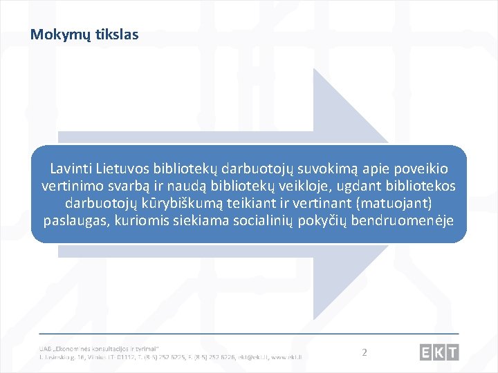 Mokymų tikslas Lavinti Lietuvos bibliotekų darbuotojų suvokimą apie poveikio vertinimo svarbą ir naudą bibliotekų