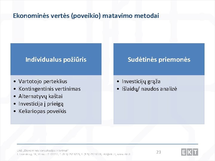 Ekonominės vertės (poveikio) matavimo metodai Individualus požiūris • • • Vartotojo perteklius Kontingentinis vertinimas