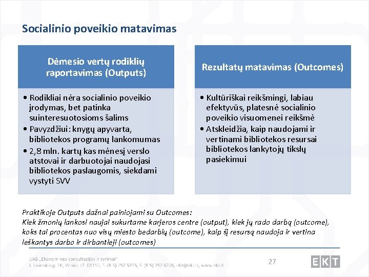 Socialinio poveikio matavimas Dėmesio vertų rodiklių raportavimas (Outputs) • Rodikliai nėra socialinio poveikio įrodymas,