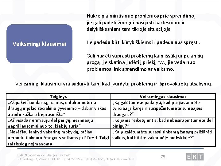 Nukreipia mintis nuo problemos prie sprendimo, jie gali padėti žmogui pasijusti tvirtesniam ir dalykiškesniam