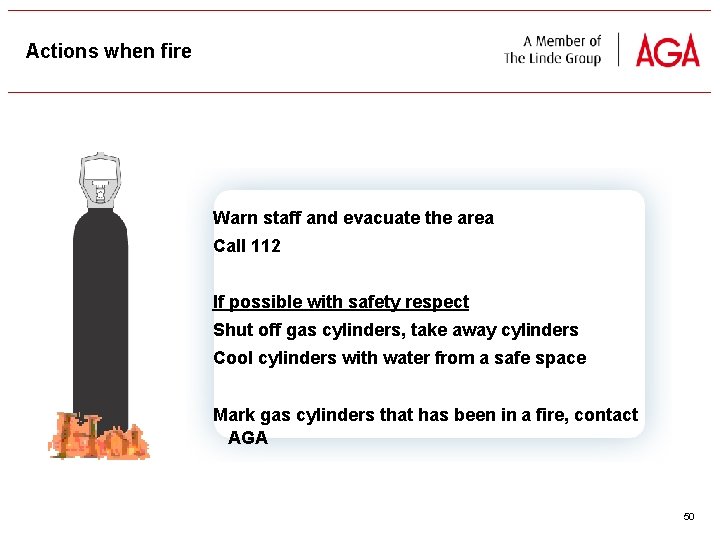Actions when fire Warn staff and evacuate the area Call 112 If possible with