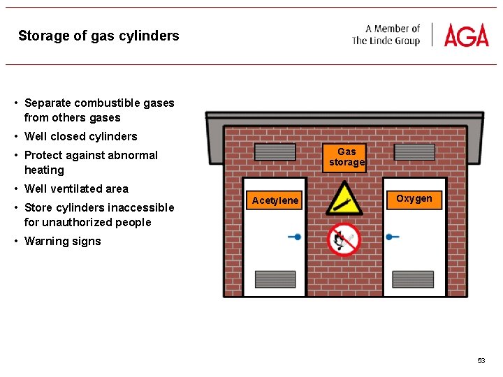 Storage of gas cylinders • Separate combustible gases from others gases • Well closed