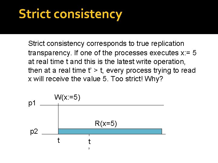 Strict consistency corresponds to true replication transparency. If one of the processes executes x: