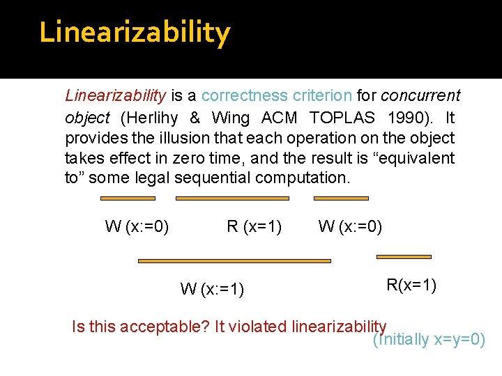 Linearizability is a correctness criterion for concurrent object (Herlihy & Wing ACM TOPLAS 1990).