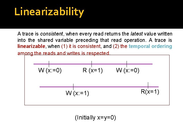 Linearizability A trace is consistent, when every read returns the latest value written into