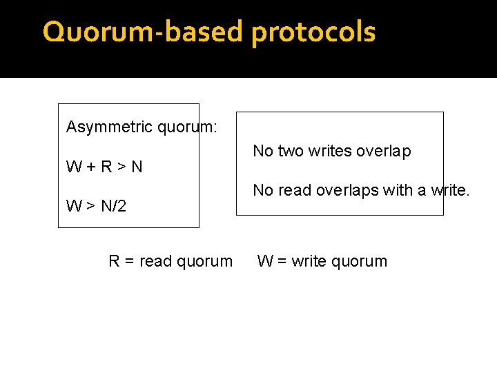 Quorum-based protocols Asymmetric quorum: W+R>N W > N/2 R = read quorum No two