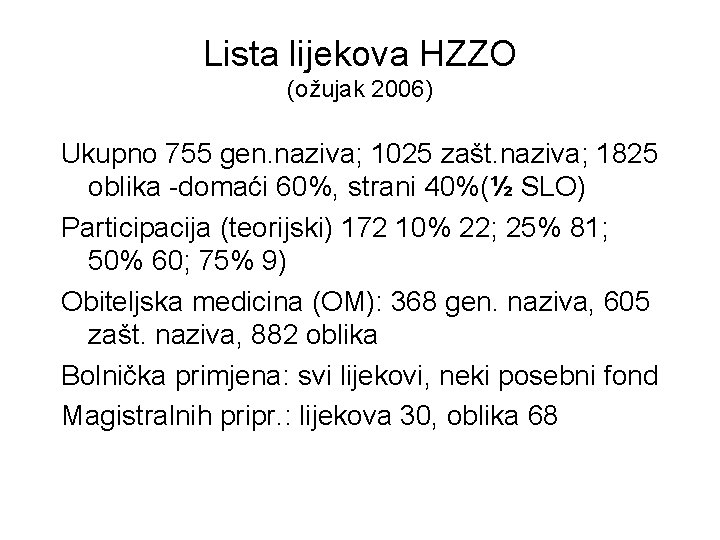 Lista lijekova HZZO (ožujak 2006) Ukupno 755 gen. naziva; 1025 zašt. naziva; 1825 oblika