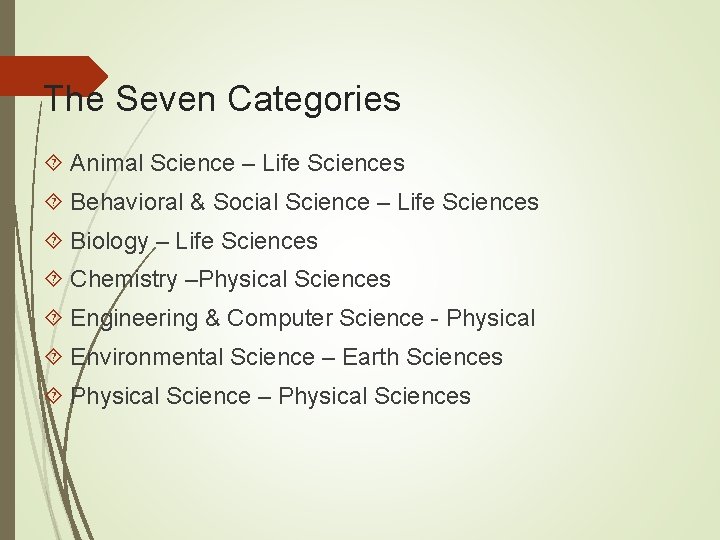 The Seven Categories Animal Science – Life Sciences Behavioral & Social Science – Life