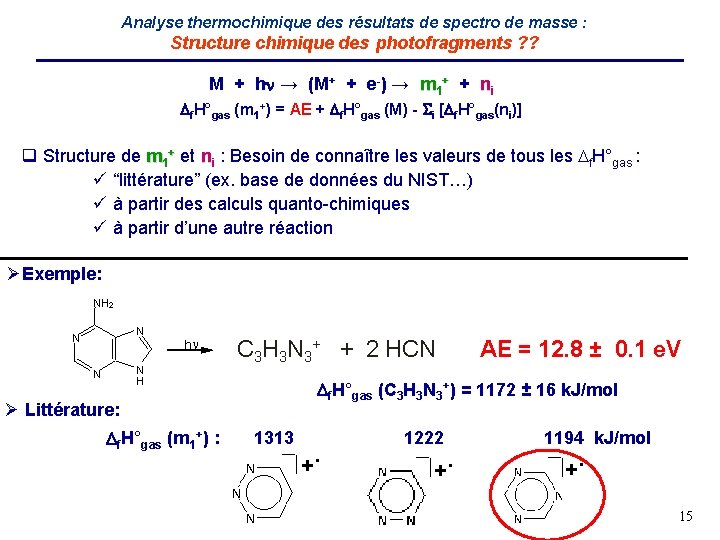 Analyse thermochimique des résultats de spectro de masse : Structure chimique des photofragments ?