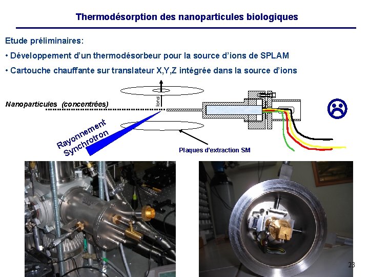 Thermodésorption des nanoparticules biologiques Etude préliminaires: • Développement d’un thermodésorbeur pour la source d’ions