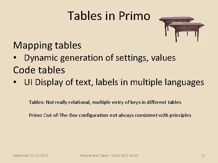 Tables in Primo Mapping tables • Dynamic generation of settings, values Code tables •