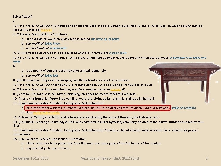 table [ˈteɪbəl] n 1. (Fine Arts & Visual Arts / Furniture) a flat horizontal