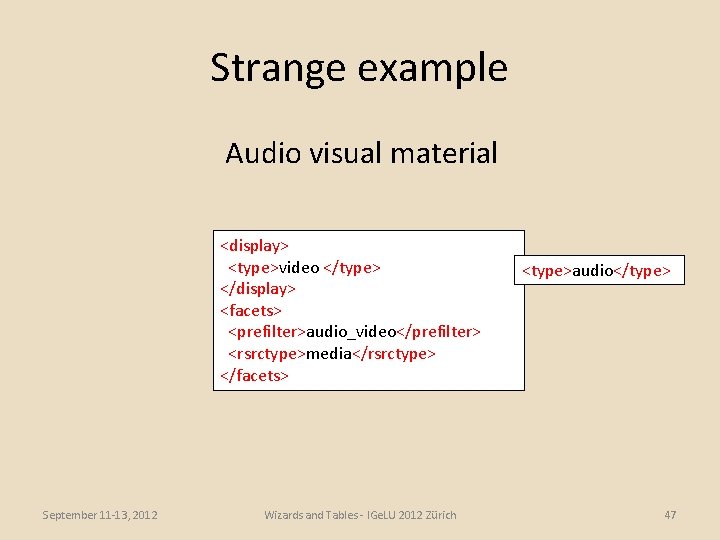 Strange example Audio visual material <display> <type>video </type> </display> <facets> <prefilter>audio_video</prefilter> <rsrctype>media</rsrctype> </facets> September