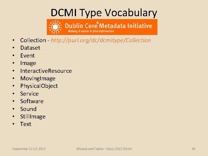 DCMI Type Vocabulary • • • Collection - http: //purl. org/dc/dcmitype/Collection Dataset Event Image