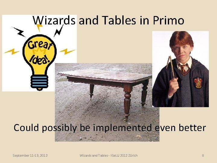 Wizards and Tables in Primo Could possibly be implemented even better September 11 -13,