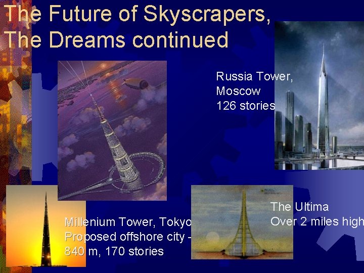 The Future of Skyscrapers, The Dreams continued Russia Tower, Moscow 126 stories Millenium Tower,