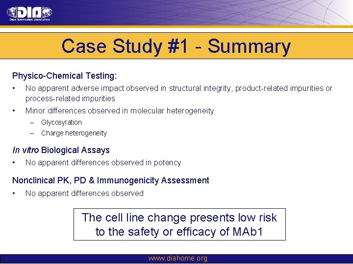 Case Study #1 - Summary Physico-Chemical Testing: • No apparent adverse impact observed in